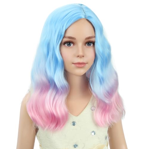Image of PATTNIUM Blue Ombre Pink Short Curly Wavy Wigs for Kids Girls Side Part Shoulder Length Heat Resistant Synthetic Wig Halloween Cosplay Costume Party Wigs