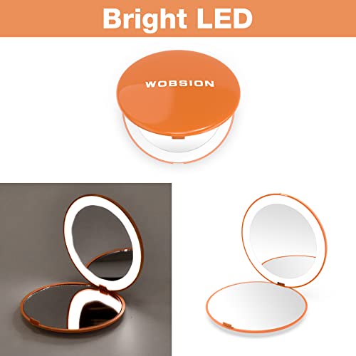 Wobsion Travel Makeup Mirror With Light, 1X/10X Compact Magnifying Mirror,Handheld 2-Sided Pocket Mirror,Led Small Mirror For Purse,3.5In Hand Mirror,Travel Size Mirror For Handbag,Gift,Orange #TOP3