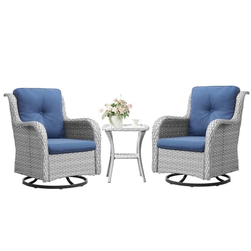Artfurniz Outdoor Swivel Rocker Bistro Set - 3 Piece Patio Furniture Set Swivel Glider Chairs with Side Table for Porch Deck Balcony, Light Grey/Blue