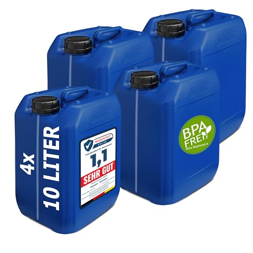 plasteo® Juego de 4 bidones de agua para bebidas, 10 L, sin BPA, apto para alimentos, fabricado en la UE, camping, aprobado por la ONU, portátil, interior y exterior, color azul