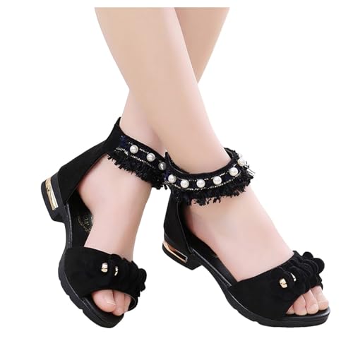 IWIHMIV Girls Sandals Ankle Strap Low Heel Pearl Flower Dress Wedding Party Shoes for Little Kid Non Slip Dress Shoes2