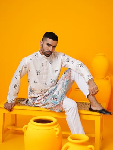 Sojanya (Since 1958 Men'S Cotton Krochet Daman Print Cream Kurta With White Pyjama2