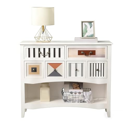 Mesa Consola con Cajones, Mesa Sofa de Entrada Retro Geométrica 80 cm con Almacenamiento Multi-Nivel, Mueble Farmhouse con Estante Abierto, Mueble Accent Pasillo Estrecho 30cm de Profundidad(White)