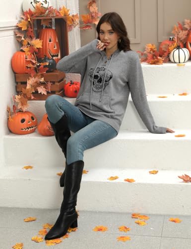 Image of CiCiBird Women Fall Winter Halloween Hoodie Flower Skull Graphic Tops Pullover 2024 Fashion Halloween Sweater Skull2 Gray L
