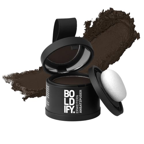 BOLDIFY Ansatzpuder 4g - Haar Concealer zur Haarverdichtung für Frauen und Männer, Grauabdeckung für 48h, wasserfestes Haar Make-up zum Ansatz kaschieren (Dunkelbraun)