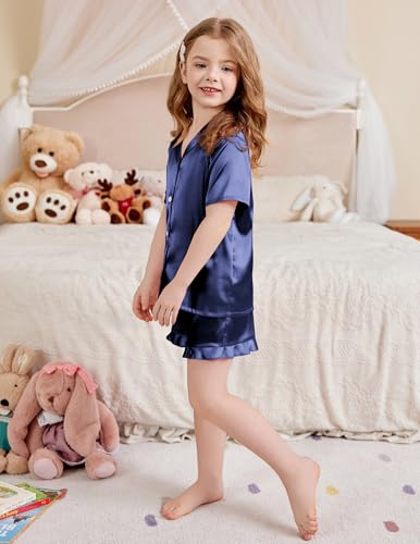 Image of Arshiner Girls Pajamas Silk Satin Pajama Set Button Pjs Ruffle Sleepwear | 2 Piece Nightwear, Silky Soft Lounge for Little & Big Kids, Ideal for Sleeping and Sleepover Party