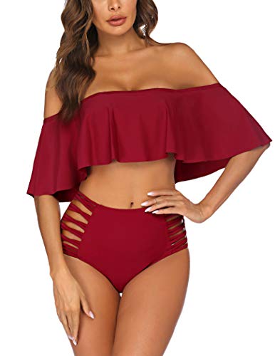 ADOME-Damen-Badeanzug-Schulterfrei-Rueschen-Bikini-Sets-Zweiteilige-Bademode-mit-Hoher-Taille-Strandkleidung