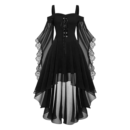 YAOJIWANG Halloween Gothic Kleider Spitzen Kleid Damen Schulterfrei Mittelalter Kleidung Chiffonkleid Damen Partykleid Elegant Spaghettiträger...