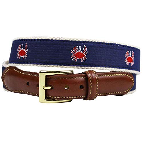 COUNTRY CLUB PREP Feeling Crabby Leather Tab Belt in Navy on White Canvas