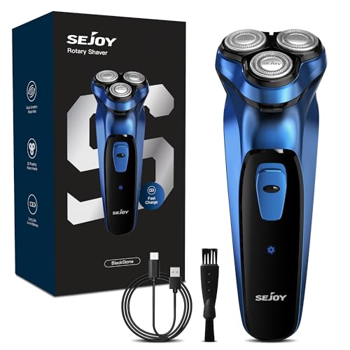 Sejoy Maquinilla de afeitar eléctrica para hombre, afeitadora facial, inalámbrica, lavable, recargable, recortadora desplegable para viajes a casa, pantalla LED, Azure