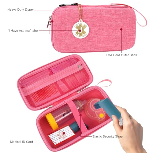 Image of MGZNMTY Travel Carrying Case Compatible with Asthma Inhaler Spacer for Adults and Children, Masks, Inhaler Holder with Asthma Alert Tag and Medical Card, Carabiner (Only Case) (Pink)