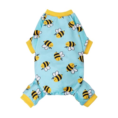 Image of Fitwarm Funny Bee Fleece Dog Pajamas, Warm Winter Dog Clothes for Small Dogs Boy Girl, Cozy Pet Onesie with Feet, Light Blue, Medium