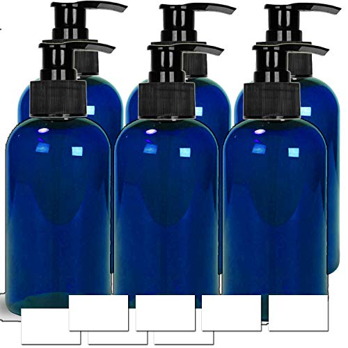 EZProUSA Empty Plastic Pump Bottles Shampoo Conditioner Lotion with Waterproof Labels, Essential Oils Refillable BPA-Free Leak-Proof, 16oz Blue, Pack of 6