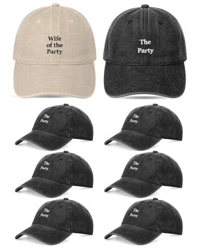 Chicingyou 8 Pack Adjustable Bachelorette Trucker Hat 1 Wife of The Party Cap and 7 The Party Cap for Bridesmaid Bride Wedding Gift(Beige Black)