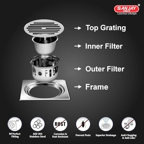 Image of Floor Drain with Cockroach Trap Cover Jali Stainless Steel 304 Grade Bathroom Gratings Waste Water Drainer Strainer Washbasin Sink Bathtub Toilet Anti Odor (Square Classic 6x6 INCH)
