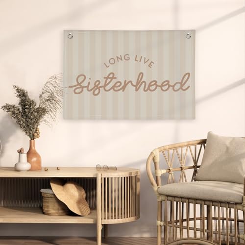 Image of Girls Room Decor Long Live Sisterhood Linen Hanging Banner Flag Pink Stripes Banner for Toddler Playroom Wall Decor for Kids Bedroom Dorm Toddler Decorations Trendy Room 30x20,girlroom