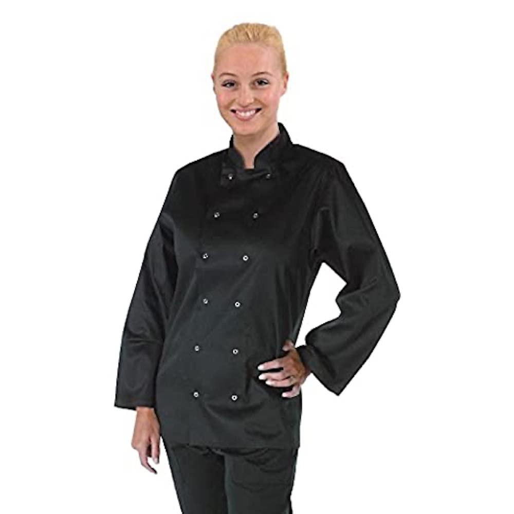 Whites Vegas Unisex Chef Jacket Long Sleeve Black, Size L - Easy Clean, Double-Stitched Restaurant Uniform, Workwear A438-L