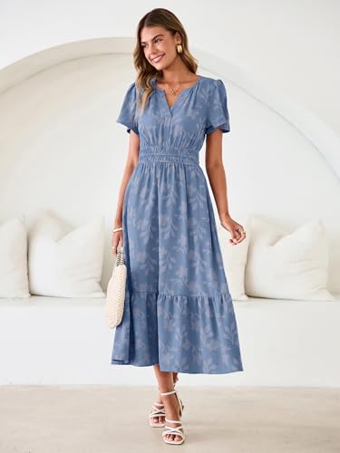 Image of Simplee Womens Summer Boho Maxi Dress Semi Formal Wedding Guest Short Sleeve V Neck Empire Waist Floral Long Dresses