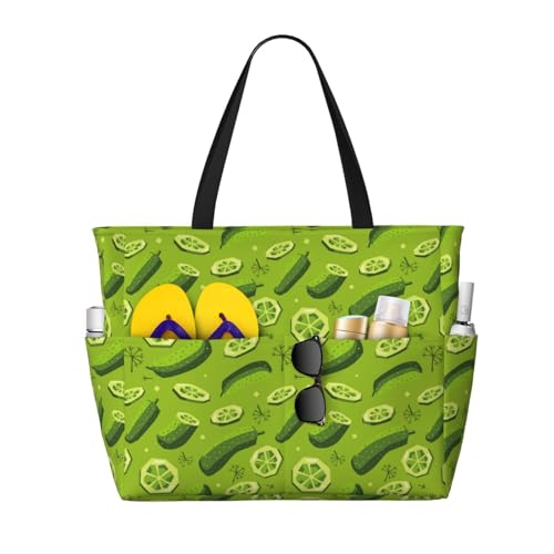 Pickles and Dill Print Large Beach Tote Bag for Women Extra Large Capacity Sandproof Waterproof Pool Bag Suitable for Swimming Pool Gym Groceries Travel