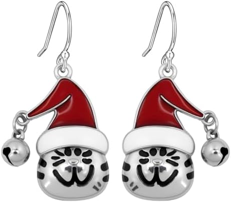 Unique Christmas Cat Dangle Earrings for Women - Cute Santa Hat Kitten Drop Earrings with Tinkling Jingle Bells - Santa Hat Design, Festive Winter Drop Earrings for Women Xmas Gift