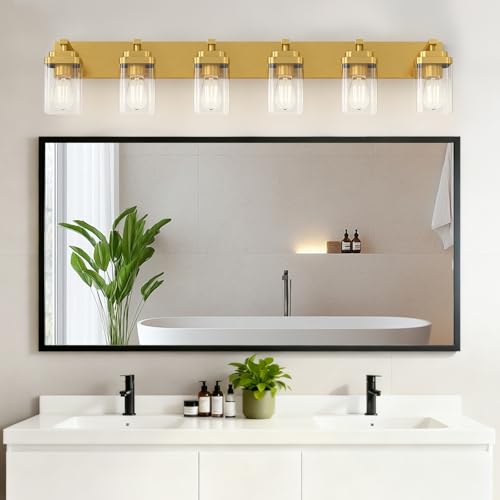 Image of Brushed Gold Bathroom Light Fixtures, 6 Lights Bathroom Lighting Fixtures Over Mirror, Square Design & Rectangle Large Backplate, Modern Vanity Lighting Fixtures, for Living Room /Bedroom