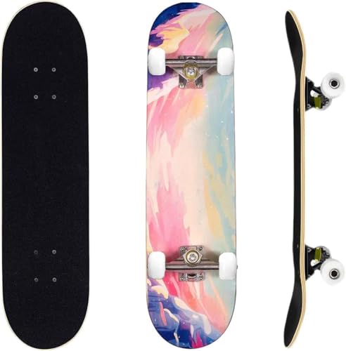 ERNAN Skateboard Completo per Principianti. Skateboard completo professionale da 31 * 8 pollici. Double Kick Deck Concavo con 7 strati per adulto, ragazzi, ragazze. (PINK YUN)