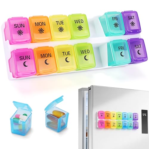 Zentiky Weekly Pill Organizer 2 Times a Day Magnetic Pill Box for Fridge with Removable 7-Day Compartments Easy Open Medication Dispenser for Vitamins Supplements Medication