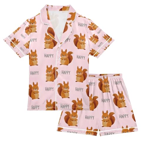 senya Cute Squirrel Happy Satin Summer Pajama Sets Silk Short Sleeve Button Down Sleepwear