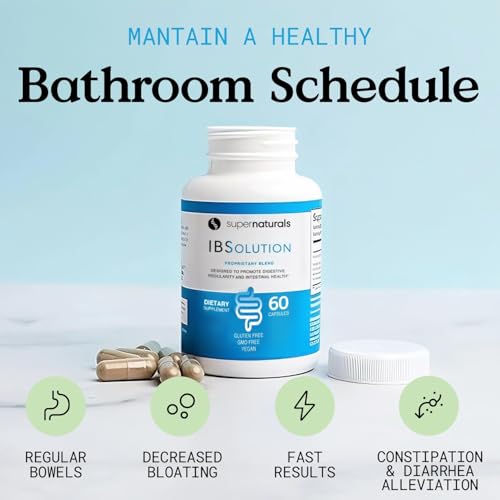 SuperNaturals IBSolution - Made in USA, Non-GMO, Gluten Free & Vegan (60 Capsules) - Digestive Gut Health Supplement With Psyllium Husk - Gas, Bloating, Diarrhea, Constipation Relief, Abdominal Pain