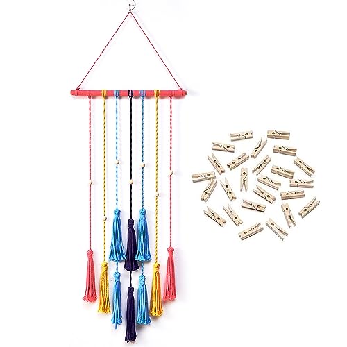 Hanging photos to display lace wall hanging, Bohemian room home office decoration, girl and lady gift frame bracket, birthday party bedroom dormitory wall art, with 30 wooden clips. (Type A)