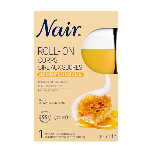 livre NAIR - Roll-On Cire au Sucre, aux extraits de Lait & Miel, spéciale Peaux Sèches & Sensibles, avec 10 Bandes Réutilisables Rinçables à l'Eau, Roll-On de 100ml