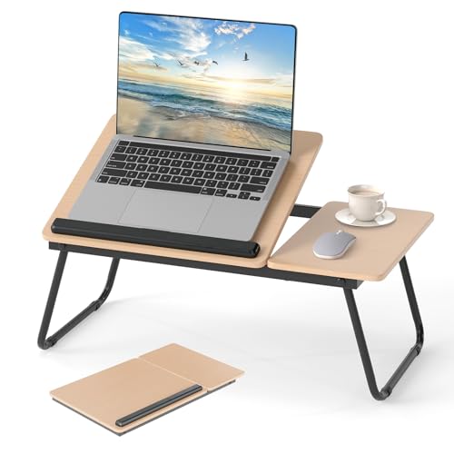 LIFEZEAL Mesa auxiliar de cama para ordenador, desayuno, comida, plegable, ajustable, inclinable, con 2 estantes separados, barra anticaída (negro)