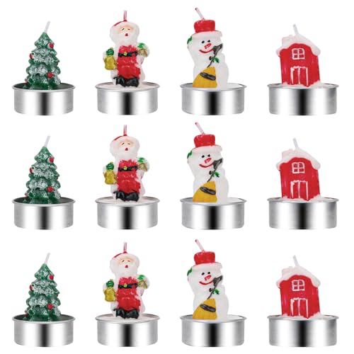 12pcs Christmas Shaped Candles, Snowman, Santa Claus, Cabin, Xmas Tree Candles Novelty Christmas Tealight Candles Ornament for Home Party Decoration