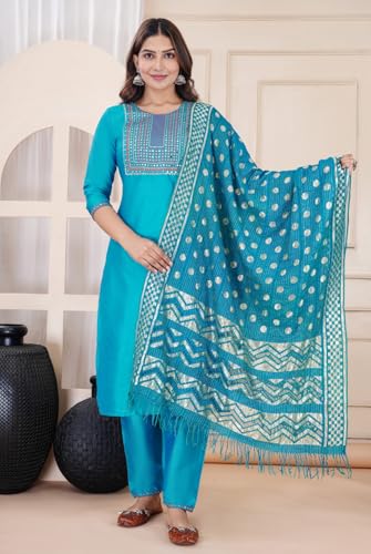 Image of Women's Silk Embroidered Kurta with Pant and Dupatta Set, Straight Style