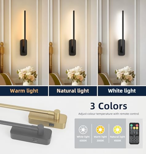 Image of Wireless Wall Sconces Set of 2 - Rechargeable Swing Arm Lights, 3 CCT-Dimmable Battery Powered, 17.32 inch Long Cordless Art Lights for Picture Frames - Black
