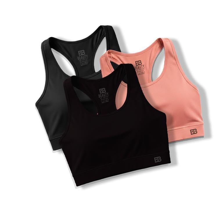 Image of BOLD & BEAUTY Women Cotton Blend Sports Bra with U-Neck, Racerback Style and Regular Straps for Workout, Yoga & Training (Pack of 3)