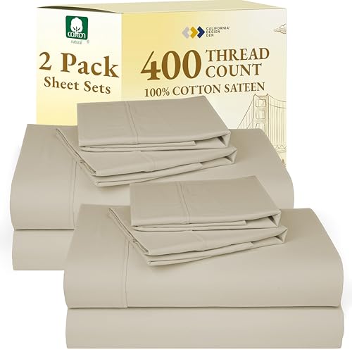 Image of California Design Den Pack of 2 King Sheets - 400 Thread Count, Soft 100% Cotton Sateen, Deep Pocket King Size Sheet Set, Durable Bedding - Beige
