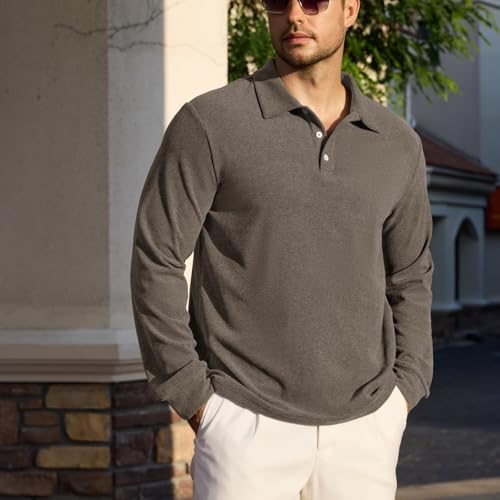 Camisetas Polo Informales para Hombre de Manga Larga, Tops Térmicos Básicos, Suaves, Elásticos y Cómodos, Cuello Clásico con Botones, Estilo Sólido y Ajuste Relajado, Ideales para Golf miniatura 2
