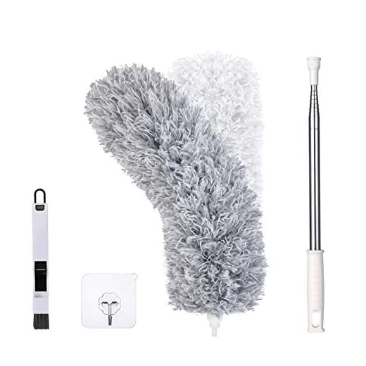 Vicloon Plumero de Limpieza, Microfibra Plumero con 2 en 1 Ranuras Cepillo de Limpieza, Extensible Ajustable Lavable con 245cm Barra Telescópica para Ventanas Persianas Muebles Coches - Gris