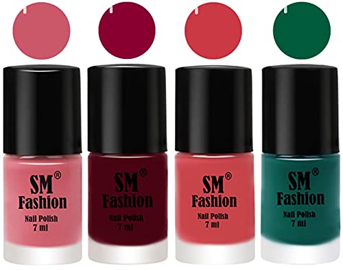 Image of Nail Polish Combo Set (Pack of 4) Quick Dry Gel Finish Nail Paint | Nude Pink,Boysenberry,Punch Pink,Green | 7 ml Each