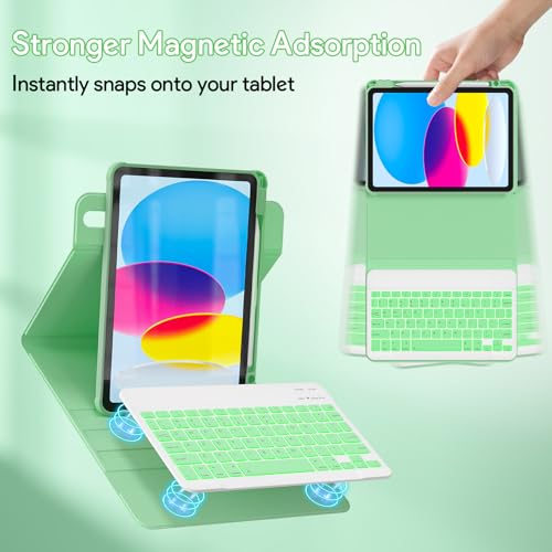Image of YBING Keyboard Case for iPad 10th Gen 10.9 inch(2022) & 11th Gen(A16, 2025), 7-Color Backlit Detachable Keypad & Rotatable Magnetic Case with Pencil Holder (Green)