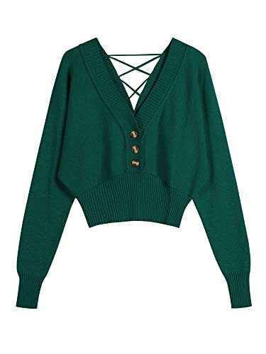 Image of ZAFUL Women V Neck Button Knit Crop Sweaters Batwing Sleeve V Back Ribbed Hem Pullover Sweater