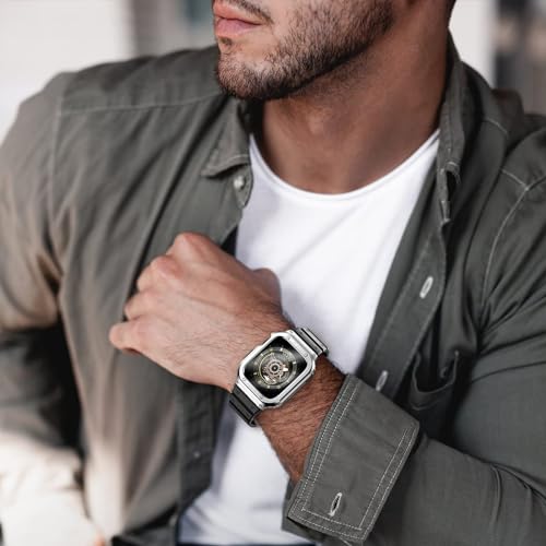 SUPLINK Compatible with Apple Watch Strap 45 mm with Bumper Case,Mens Stainless Steel Metal Rugged Protective Cover with TPU Strap for iWatch Series 8/7(Silver) - Image 3