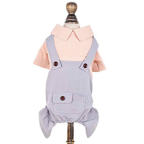 SMALLLEE_LUCKY_STORE 犬服 春夏 つなぎ オールインワン ロンパース小型犬子犬猫かわいい洋服 オーバーオール チノパンツ 綿のストライプのシャツ 四つ足の服 ペットウエア散歩チワワトイプードル服,ピンク,S