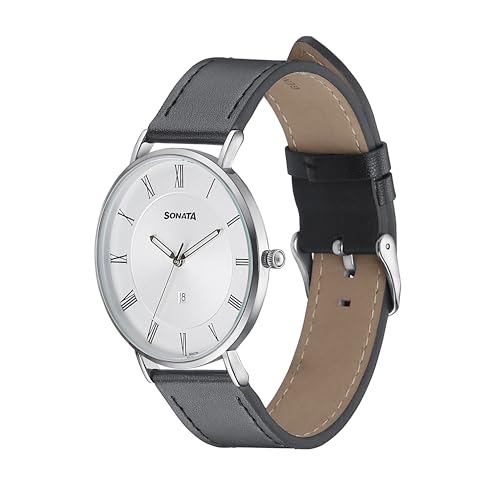 Image of Sonata Quartz Analog with Date Silver Dial Black Leather Strap Watch for Men