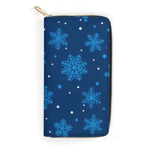 Leather Wallets for Men Women, Slim Credit Card Holder Compartment, Multi-Layer Inner Zip Christmas Snowflake Blue Wallet