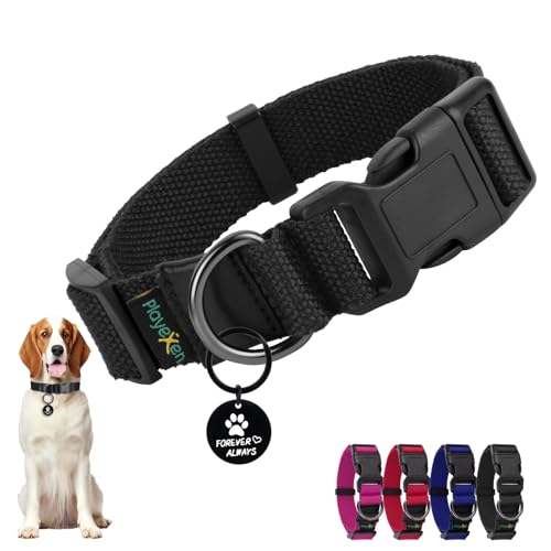 Collare Cane, Collare Regolabili in Morbido Cotone per Cani & Gatto Taglia Piccola Media Grande, Collari per Cane Personalizzato con Medaglietta Rimovibile, 35-50/2,5cm (M), Nero