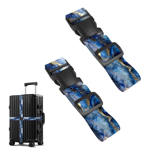 Image of Nuxovilar Luggage Straps Set for Suitcase 1.96x71in Polyester | Cargo Strap Travel Belt Security Buckle Band Luxury Trip Urban Getaway Airport (Blue Gold Marble)