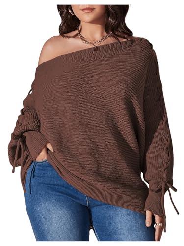 SOLY HUX Women's Plus Size Sweater Off Shoulder Lace Up Long Sleeve Asymmetrical Neck Pullover Top