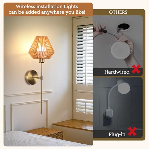 Image of Battery Operated Wall Sconce Set of 2, Rattan Rechargeable Wall Light Dimmable with Remote Control, 15 Color Changing and Timer, Boho Wireless Battery Operated Wall lamps for Bedroom, living room